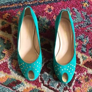 Loeffler Randall suede turquoise low wedges with gold studs